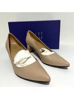 Stuart Weitzman Womens Sz 7.5 Nude Leather Block Heel Pumps With Gold Accent